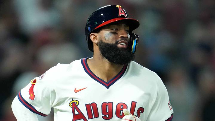 Jul 20, 2026; Anaheim, California, USA; Los Angeles Angels right fielder Jo Adell (7) reacts after a walk-off hit by pitch against the St. Louis Cardinals at Angel Stadium. Mandatory Credit: Kirby Lee-Imagn Images Jul 20, 2026; Anaheim, California, USA; Los Angeles Angels right fielder Jo Adell (7) reacts after a walk-off hit by pitch against the St. Louis Cardinals at Angel Stadium. Mandatory Credit: Kirby Lee-Imagn Images