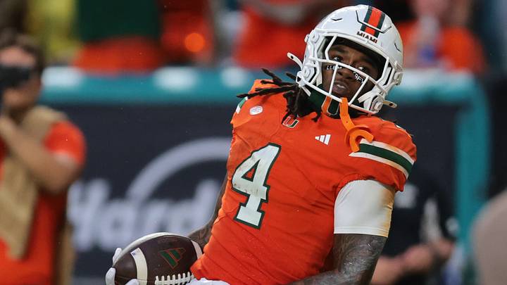 Sep 13, 2025; Miami Gardens, Florida, USA; Miami Hurricanes running back Mark Fletcher Jr. (4) celebrates after scoring a touchdown against the South Florida Bulls during the second quarter at Hard Rock Stadium. Mandatory Credit: Sam Navarro-Imagn Images Sep 13, 2025; Miami Gardens, Florida, USA; Miami Hurricanes running back Mark Fletcher Jr. (4) celebrates after scoring a touchdown against the South Florida Bulls during the second quarter at Hard Rock Stadium. Mandatory Credit: Sam Navarro-Imagn Images