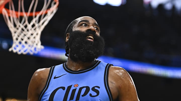 Mar 16, 2025; Inglewood, California, USA; LA Clippers guard James Harden (1) reacts against the Charlotte Hornets during the second half at Intuit Dome. Mandatory Credit: Jonathan Hui-Imagn Images