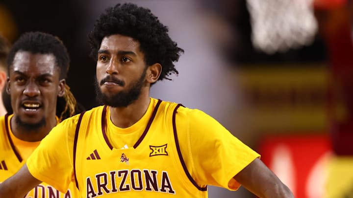 Jan 24, 2026; Tempe, Arizona, USA; Arizona State Sun Devils guard Maurice Odum (5) celebrates with teammates against the Cincinnati Bearcats in the second half at Desert Financial Arena. Mandatory Credit: Mark J. Rebilas-Imagn Images
