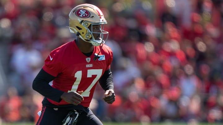 Jul 27, 2022; Santa Clara, CA, USA; San Francisco 49ers wide receiver Malik Turner (17) stretches during warm ups at the SAP Performance Facility near Levi Stadium. Mandatory Credit: Stan Szeto-Imagn Images
