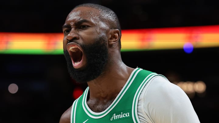 Apr 1, 2026; Miami, Florida, USA; Boston Celtics guard Jaylen Brown (7) reacts against the Miami Heat during the third quarter at Kaseya Center. Mandatory Credit: Sam Navarro-Imagn Images Apr 1, 2026; Miami, Florida, USA; Boston Celtics guard Jaylen Brown (7) reacts against the Miami Heat during the third quarter at Kaseya Center. Mandatory Credit: Sam Navarro-Imagn Images