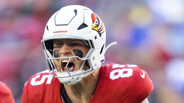 Dec 7, 2025; Glendale, Arizona, USA; Arizona Cardinals tight end Trey McBride (85) celebrates a play against the Los Angeles Rams at State Farm Stadium. Mandatory Credit: Mark J. Rebilas-Imagn Images