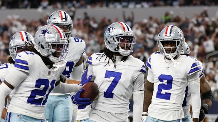Dallas Cowboys cornerback Trevon Diggs and his teammates react after an interception against the Philadelphia Eagles