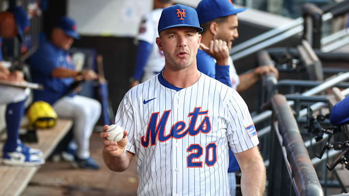 Aug 12, 2025; New York City, New York, USA;  New York Mets first baseman Pete Alonso (20) at Citi Field. Mandatory Credit: Wendell Cruz-Imagn Images