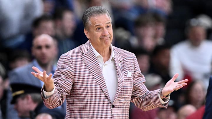 Mar 22, 2025; Providence, RI, USA; Arkansas Razorbacks head coach John Calipari during the first half of a second round men’s NCAA Tournament game against the St. John's Red Storm at Amica Mutual Pavilion. Mandatory Credit: Brian Fluharty-Imagn Images