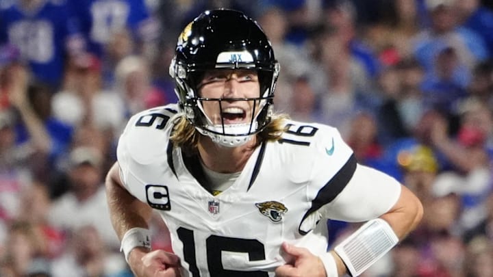 Sep 23, 2024; Orchard Park, New York, USA; Jacksonville Jaguars quarterback Trevor Lawrence (16) calls signals against the Buffalo Bills during the second half at Highmark Stadium. Mandatory Credit: Gregory Fisher-Imagn Images