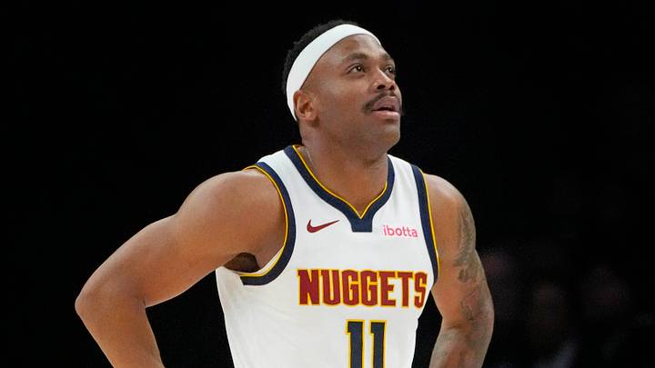 Apr 23, 2026; Minneapolis, Minnesota, USA; Denver Nuggets guard Bruce Brown (11) reacts to a foul call against his team and for the Minnesota Timberwolves in the third quarter at Target Center. Mandatory Credit: Bruce Kluckhohn-Imagn Images