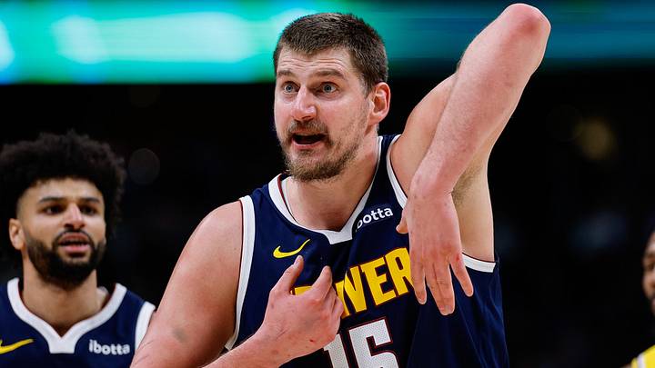 Mar 5, 2026; Denver, Colorado, USA; Denver Nuggets center Nikola Jokic (15) gestures after a play in the third quarter against the Los Angeles Lakers at Ball Arena. Mandatory Credit: Isaiah J. Downing-Imagn Images