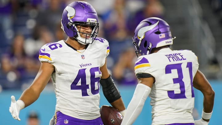 Minnesota Vikings tight end Bryson Nesbit (46) celebrates his touchdown with wide receiver Myles Price (31) during the third quarter of an NFL pre-season game against the Tennessee Titans at Nissan Stadium in Nashville, Tenn., Friday, Aug. 22, 2025.