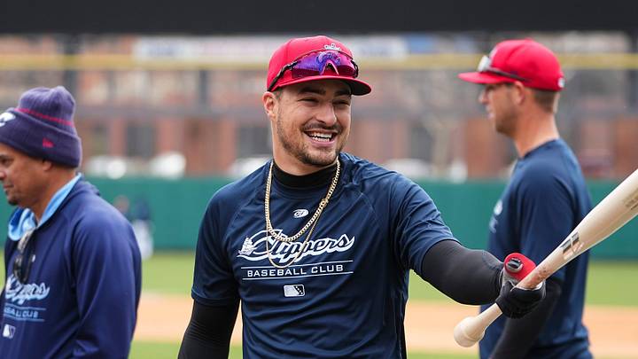 Mar 27, 2024; Columbus, Ohio, USA; Infielder Raynel Delgado warms up for batting practice during a Columbus Clippers workout at Huntington Park.