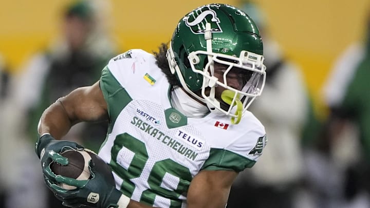 Nov 16, 2025; Winnipeg, Manitoba, Canada;  Saskatchewan Roughriders wide receiver Dohnte Meyers (88) runs with the ball during the first quarter against the Montreal Alouettes during the 112th Grey Cup Championship at Princess Auto Stadium. Mandatory Credit: John E. Sokolowski-Imagn Images