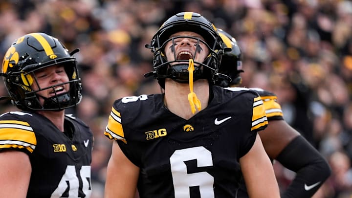 Iowa Hawkeyes defensive back Zach Lutmer (6) reacts during a football game against the Minnesota Golden Gophers Oct. 25, 2025 at Kinnick Stadium in Iowa City, Iowa. Iowa Hawkeyes defensive back Zach Lutmer (6) reacts during a football game against the Minnesota Golden Gophers Oct. 25, 2025 at Kinnick Stadium in Iowa City, Iowa.