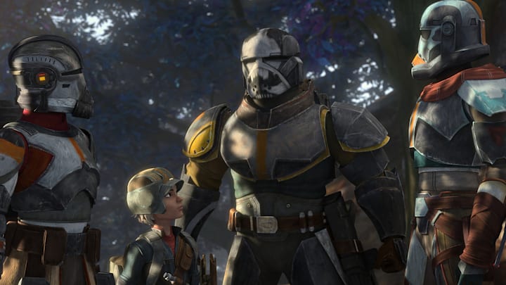 (L-R): Echo, Omega, Wrecker, Hunter, and Tech in a scene from "STAR WARS: THE BAD BATCH", season 2 exclusively on Disney+. © 2022 Lucasfilm Ltd. & ™. All Rights Reserved.
