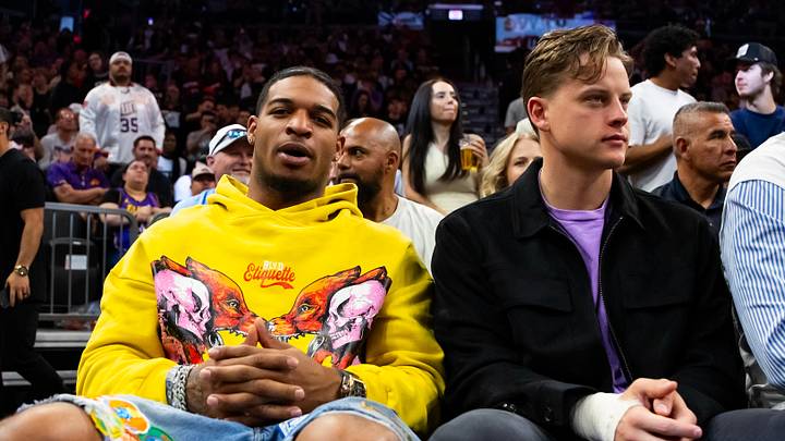 Feb 25, 2024; Phoenix, Arizona, USA; Cincinnati Bengals players Ja'Marr Chase (left) and Joe Burrow sit court side of the Phoenix Suns game against the Los Angeles Lakers at Footprint Center. Mandatory Credit: Mark J. Rebilas-USA TODAY Sports Feb 25, 2024; Phoenix, Arizona, USA; Cincinnati Bengals players Ja'Marr Chase (left) and Joe Burrow sit court side of the Phoenix Suns game against the Los Angeles Lakers at Footprint Center. Mandatory Credit: Mark J. Rebilas-USA TODAY Sports