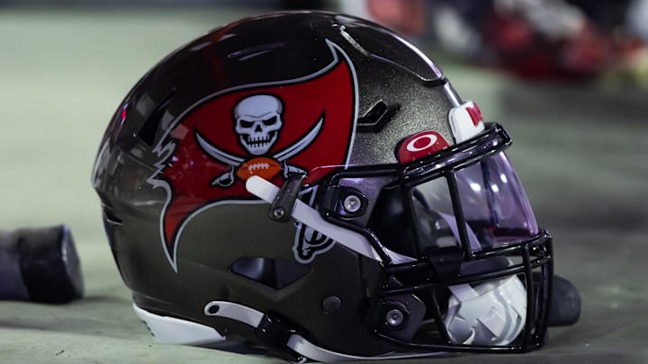 Dec 25, 2022; Glendale, Arizona, USA; Detailed view of a Tampa Bay Buccaneers helmet at State Farm Stadium. Mandatory Credit: Mark J. Rebilas-Imagn Images