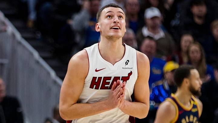 Miami Heat forward Nikola Jovic (5) reacts (Mandatory Credit: John Hefti-Imagn Images)