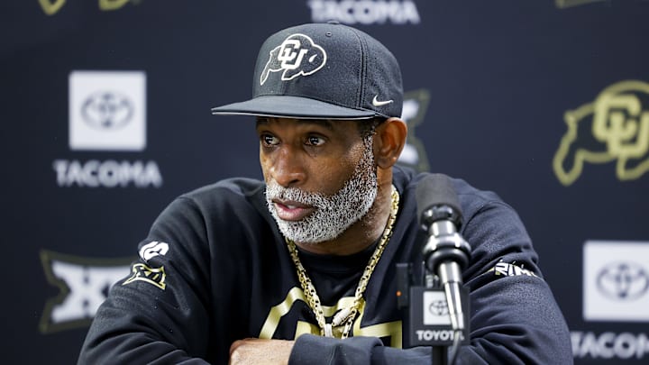 Apr 4, 2025; Boulder, CO, USA; Colorado Buffaloes head coach Deion Sanders speaks to the media at the University of Colorado NFL Showcase at the CU Indoor Practice Facility. Mandatory Credit: Michael Ciaglo-Imagn Images Apr 4, 2025; Boulder, CO, USA; Colorado Buffaloes head coach Deion Sanders speaks to the media at the University of Colorado NFL Showcase at the CU Indoor Practice Facility. Mandatory Credit: Michael Ciaglo-Imagn Images