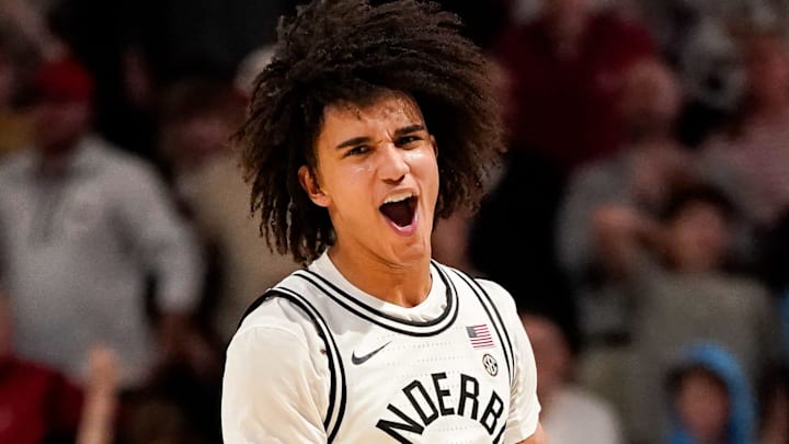 Vanderbilt guard Tyler Tanner (3) reacts after defeating Alabama at Memorial Gymnasium in Nashville, Tenn., Wednesday, Jan. 7, 2026. Vanderbilt guard Tyler Tanner (3) reacts after defeating Alabama at Memorial Gymnasium in Nashville, Tenn., Wednesday, Jan. 7, 2026.