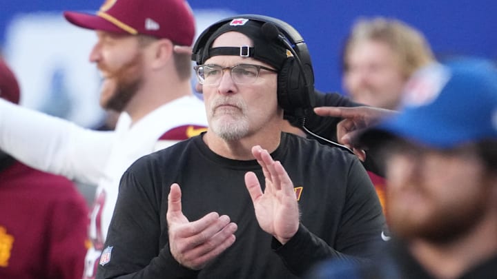 Washington Commanders head coach Dan Quinn against the New York Giants at MetLife Stadium. Mandatory Credit: Robert Deutsch-Imagn Images