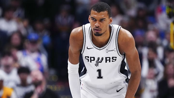 Apr 4, 2026; Denver, Colorado, USA; San Antonio Spurs forward Victor Wembanyama (1) during the second half against the Denver Nuggets at Ball Arena.