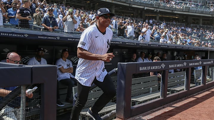 Aug 24, 2024; Bronx, New York, USA;  Former New York Yankees third baseman Alex Rodriguez is introduced at the Old Timers’ Day Ceremony at Yankee Stadium. Mandatory Credit: Wendell Cruz-Imagn Images