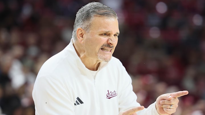 Mississippi State Bulldogs coach Chris Jans during the first half against the Arkansas Razorbacks at Bud Walton Arena.