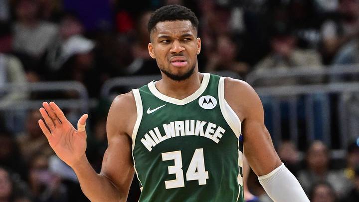 Nov 10, 2024; Milwaukee, Wisconsin, USA; Milwaukee Bucks forward Giannis Antetokounmpo (34) reacts in the fourth quarter against the Boston Celtics at Fiserv Forum. Mandatory Credit: Benny Sieu-Imagn Images Nov 10, 2024; Milwaukee, Wisconsin, USA; Milwaukee Bucks forward Giannis Antetokounmpo (34) reacts in the fourth quarter against the Boston Celtics at Fiserv Forum. Mandatory Credit: Benny Sieu-Imagn Images