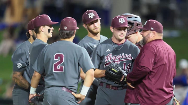 Texas A&M has a mound conference during an NCAA baseball game against Florida at Condron Family Ballpark at Alfred A. McKethan Field in Gainesville, FL on Friday, April 24, 2026. [Alan Youngblood/Gainesville Sun]