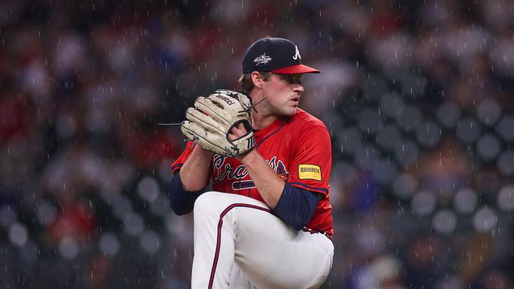 Jun 27, 2025; Atlanta, Georgia, USA; Atlanta Braves starting pitcher Bryce Elder (55) throws in the rain against the Philadelphia Phillies in the second inning at Truist Park. Mandatory Credit: Brett Davis-Imagn Images