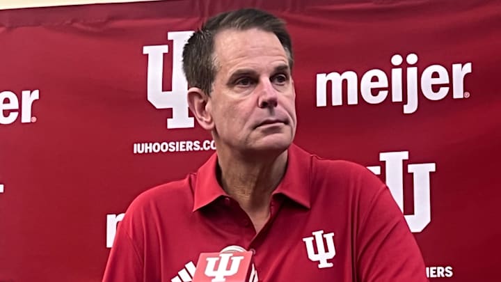 Indiana football coach Curt Cignetti speaks to reporters Aug. 18, 2025, at Memorial Stadium.