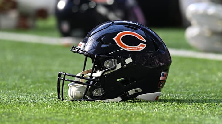 Nov 16, 2025; Minneapolis, Minnesota, USA; A Chicago Bears helmet sits on the field prior to a game.  Jeffrey Becker-Imagn Images