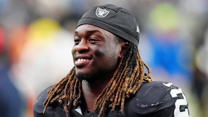 Oct 12, 2025; Paradise, Nevada, USA; Las Vegas Raiders running back Ashton Jeanty (2) reacts after the game against the Tennessee Titans at Allegiant Stadium. Mandatory Credit: Stephen R. Sylvanie-Imagn Images