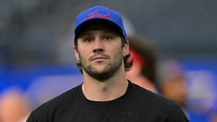 Oct 12, 2026; Inglewood, California, USA;  Buffalo Bills quarterback Josh Allen (17)
 warms up prior to the game against the Los Angeles Rams at SoFi Stadium. Mandatory Credit: Jayne Kamin-Oncea-Imagn Images