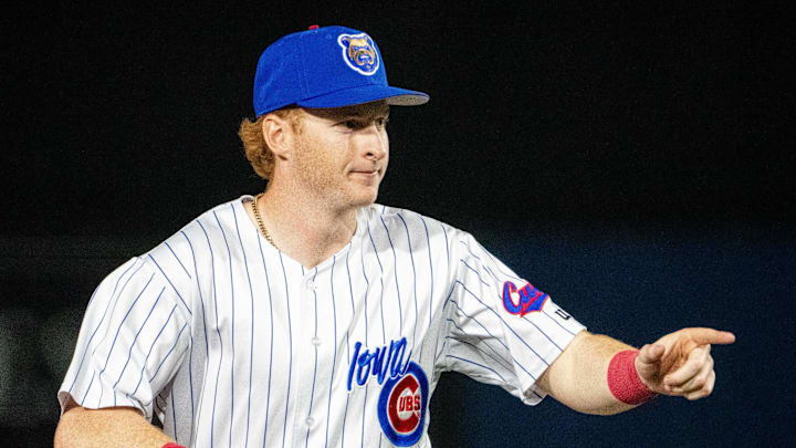 Iowa Cubs outfielder Owen Caissie (17) at Principal Park in Des Moines.