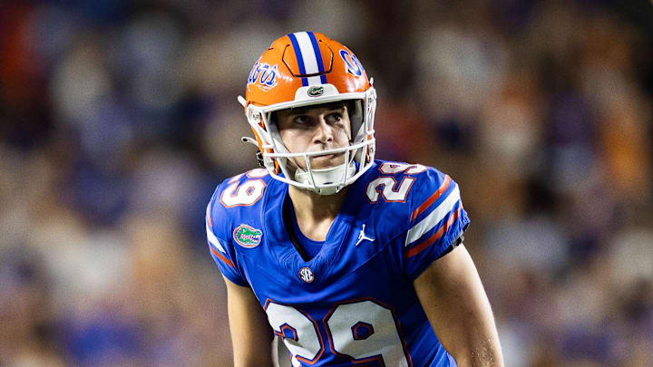 Sep 7, 2024; Gainesville, Florida, USA; Florida Gators place kicker Trey Smack (29) waits for the snap against the Samford Bulldogs during the second half at Ben Hill Griffin Stadium. Mandatory Credit: Matt Pendleton-Imagn Images Sep 7, 2024; Gainesville, Florida, USA; Florida Gators place kicker Trey Smack (29) waits for the snap against the Samford Bulldogs during the second half at Ben Hill Griffin Stadium. Mandatory Credit: Matt Pendleton-Imagn Images