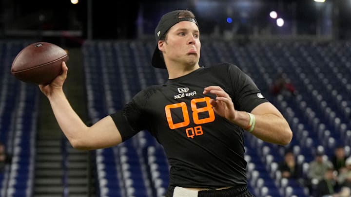 Mar 1, 2025; Indianapolis, IN, USA; Notre Dame quarterback Riley Leonard (QB08) during the 2025 NFL Combine at Lucas Oil Stadium. Mandatory Credit: Kirby Lee-Imagn Images Mar 1, 2025; Indianapolis, IN, USA; Notre Dame quarterback Riley Leonard (QB08) during the 2025 NFL Combine at Lucas Oil Stadium. Mandatory Credit: Kirby Lee-Imagn Images