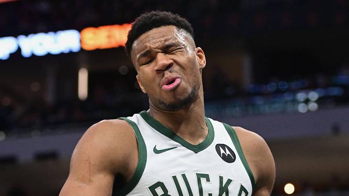Milwaukee Bucks forward Giannis Antetokounmpo (34) reacts after scoring a basket in the third quarter against the Indiana Pacers at Fiserv Forum on December 13, 2023.