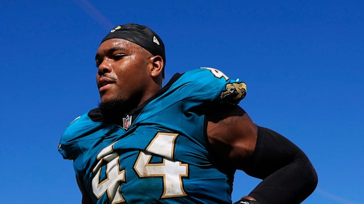 Jacksonville Jaguars defensive end Travon Walker (44) runs off the field after the game of an NFL football matchup at EverBank Stadium, Sunday, Sept. 21, 2025, in Jacksonville, Fla. The Jaguars defeated the Texans 17-10. 
