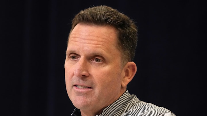 Feb 25, 2025; Indianapolis, IN, USA; Denver Broncos general manager George Paton speaks during the NFL Scouting Combine at the Indiana Convention Center. Mandatory Credit: Kirby Lee-Imagn Images