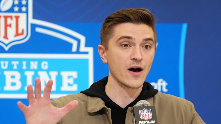 Feb 25, 2025; Indianapolis, IN, USA; Jacksonville Jaguars general manger James Gladstone speaks during the NFL Scouting Combine at the Indiana Convention Center. Mandatory Credit: Kirby Lee-Imagn Images