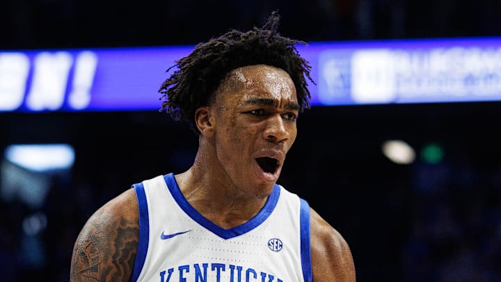 Mar 1, 2025; Lexington, Kentucky, USA; Kentucky Wildcats center Amari Williams (22) celebrates during the first half against the Auburn Tigers at Rupp Arena at Central Bank Center. Mandatory Credit: Jordan Prather-Imagn Images