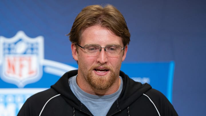 Feb 28, 2026; Indianapolis, IN, USA; Florida offensive lineman Jake Slaughter (OL47) speaks to members of the media during the NFL Combine at the Indiana Convention Center. Mandatory Credit: Jacob Musselman-Imagn Images