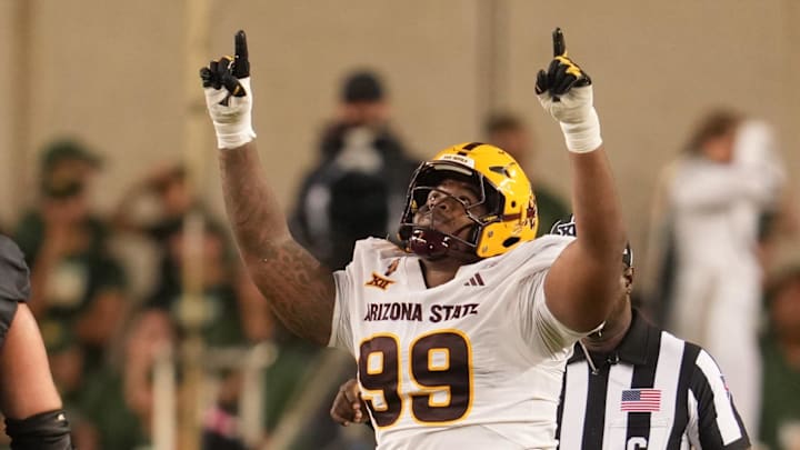 Sep 20, 2025; Waco, Texas, USA; Arizona State Sun Devils defensive lineman C.J. Fite (99) reacts after a sack against Baylor Bears quarterback Sawyer Robertson (13) during the second half at McLane Stadium. Mandatory Credit: Chris Jones-Imagn Images