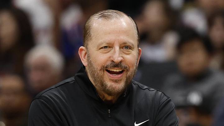 Dec 28, 2024; Washington, District of Columbia, USA; New York Knicks head coach Tom Thibodeau (R) jokes with referee Josh Tiven (L) during a stoppage in play against the Washington Wizards in the first quarter at Capital One Arena. Mandatory Credit: Geoff Burke-Imagn Images