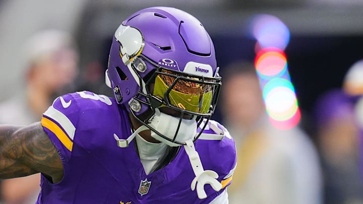 Dec 1, 2024; Minneapolis, Minnesota, USA; Minnesota Vikings wide receiver Jordan Addison (3) warms up before the game against the Arizona Cardinals at U.S. Bank Stadium. Mandatory Credit: Brad Rempel-Imagn Images