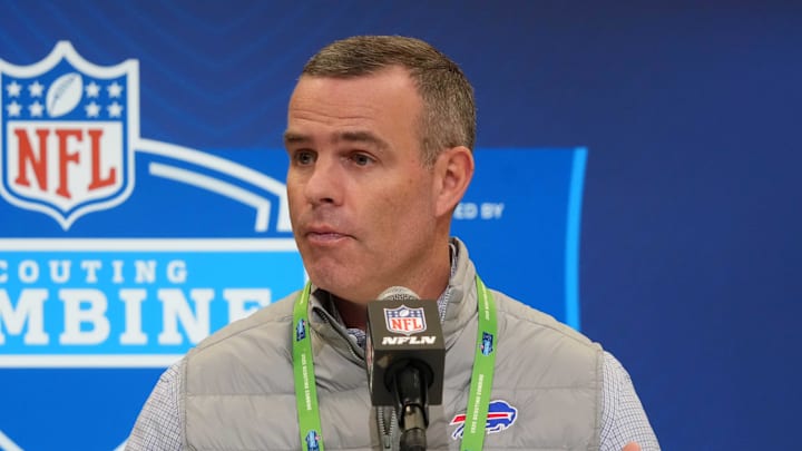 Feb 25, 2025; Indianapolis, IN, USA; Buffalo Bills general manager Brandon Beane speaks during the NFL Scouting Combine at the Indiana Convention Center. Mandatory Credit: Kirby Lee-Imagn Images Feb 25, 2025; Indianapolis, IN, USA; Buffalo Bills general manager Brandon Beane speaks during the NFL Scouting Combine at the Indiana Convention Center. Mandatory Credit: Kirby Lee-Imagn Images