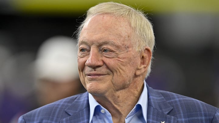 Aug 16, 2025; Arlington, Texas, USA; Dallas Cowboys owner Jerry Jones (left) looks on before the game against the Baltimore Ravens at AT&T Stadium. Mandatory Credit: Jerome Miron-Imagn Images
