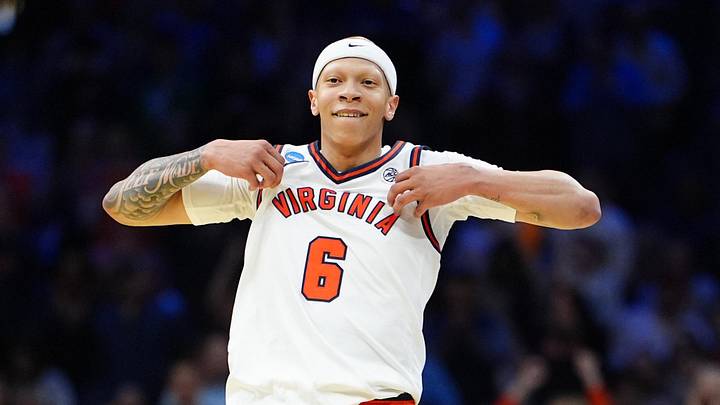 Mar 20, 2026; Philadelphia, PA, USA; Virginia Cavaliers guard Jacari White (6) celebrates after the game against the Wright State Raiders during a first-round game of the men's 2026 NCAA Tournament at Xfinity Mobile Arena. Mandatory Credit: Kyle Ross-Imagn Images