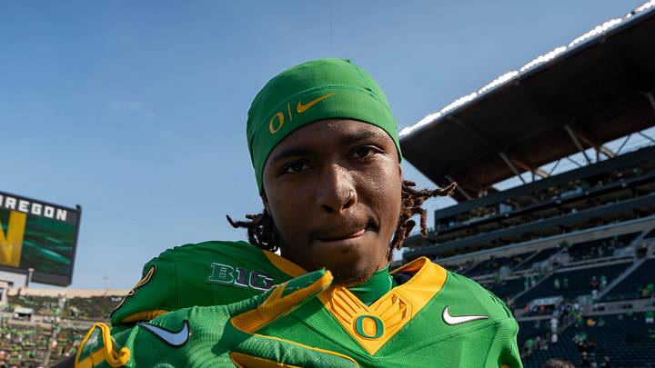 Oregon wide receiver Dakorien Moore celebrates the Ducks’ win as the Oregon Ducks host the Oklahoma State Cowboys on Sept. 6, 2025, at Autzen Stadium in Eugene, Oregon. Oregon wide receiver Dakorien Moore celebrates the Ducks’ win as the Oregon Ducks host the Oklahoma State Cowboys on Sept. 6, 2025, at Autzen Stadium in Eugene, Oregon.